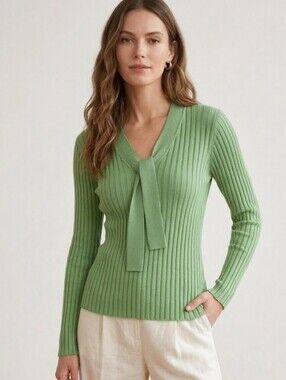 BOGARI Green Ribbed Tie-Neck Scoop Long Sleeves Sweater Sz XL